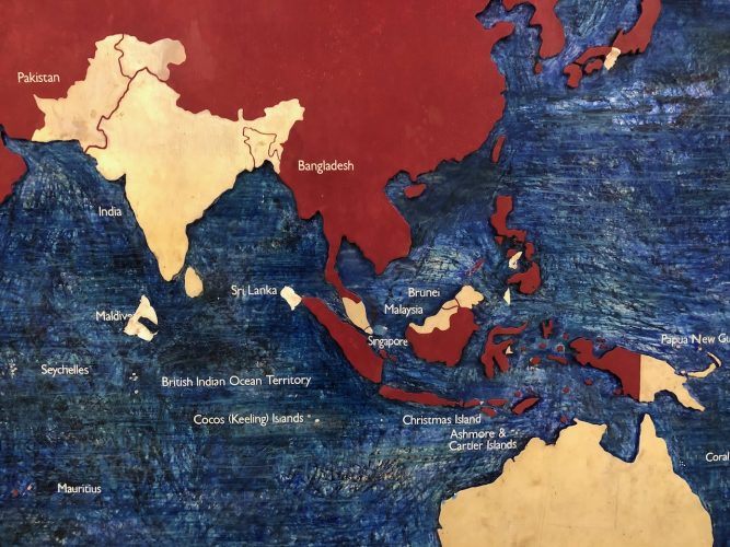 Close up of the map of the Commonwealth, showing amongst others India, Pakistan, Bangladesh, and Australia.